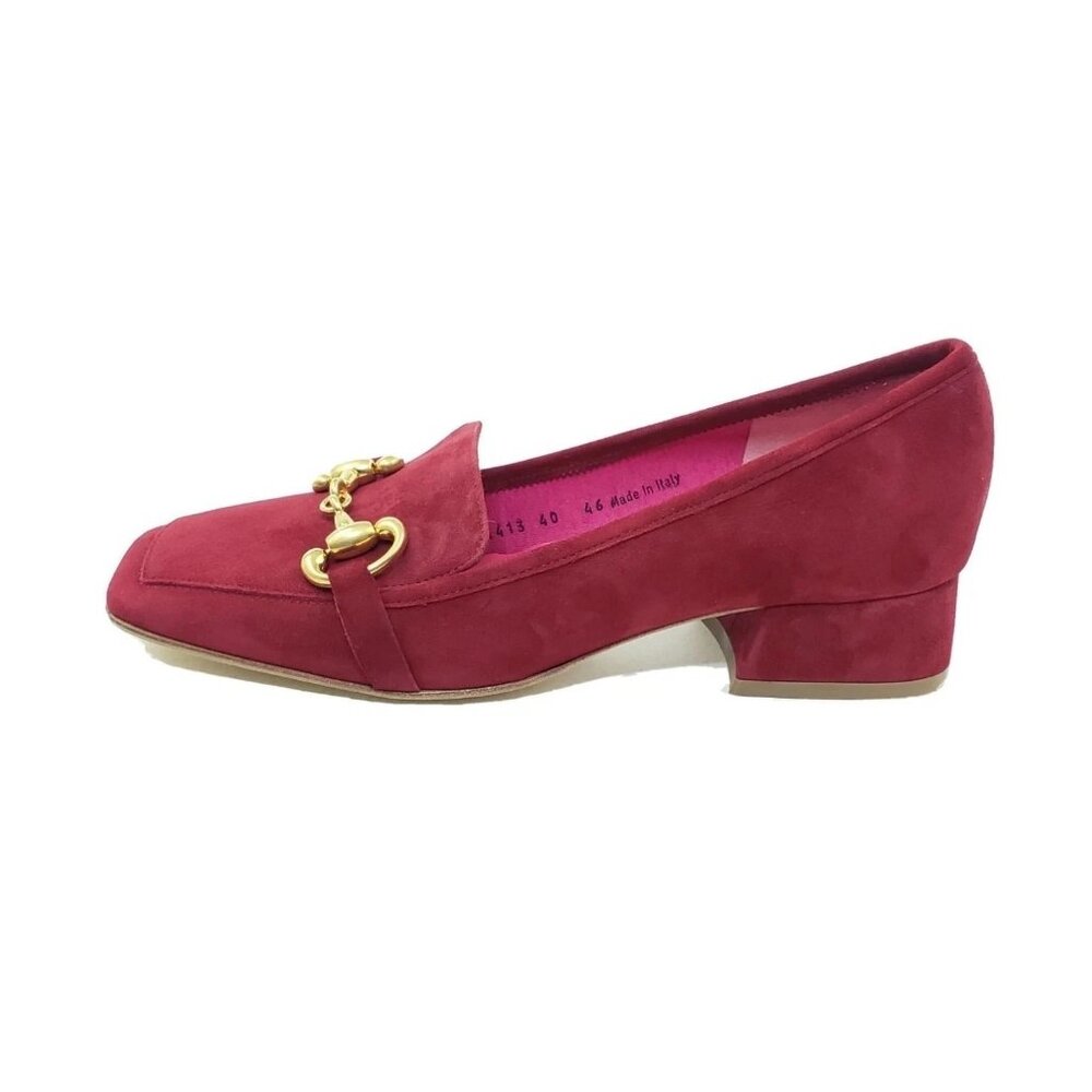 Women's Red Suede Low Heel Loafers with Gold Hardware